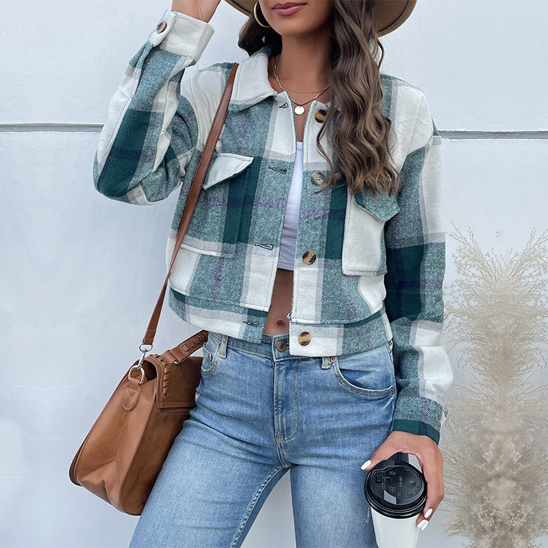 Plaid Lapel Cropped Jacket With Pockets Fashion Button Long Sleeve Short Outwear Tops Coat For Womens Clothing - 𝓢𝓱𝓸𝓹𝓵𝓮𝓬𝔂