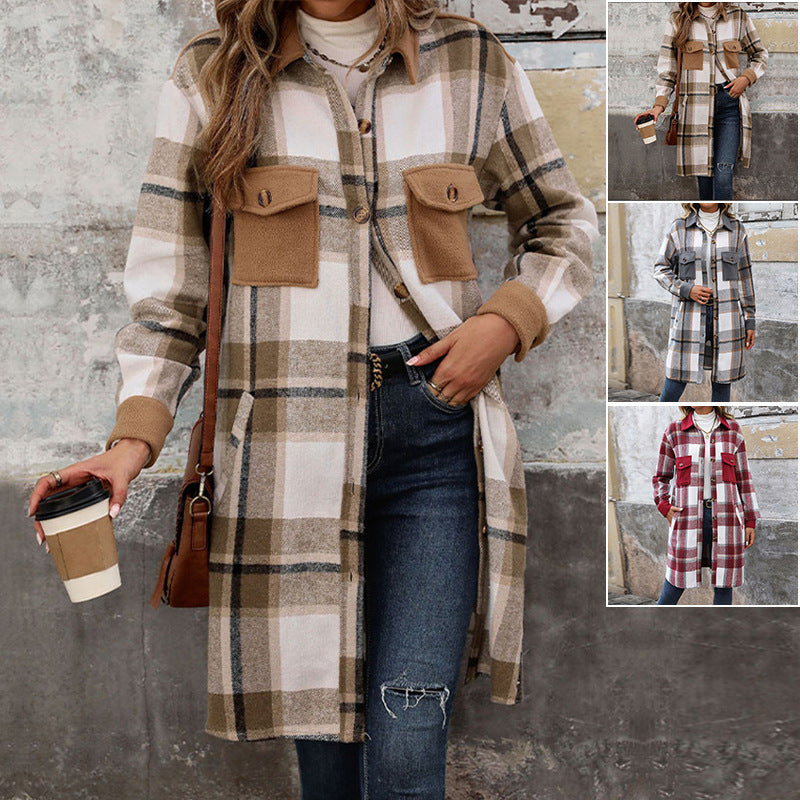 New Brushed Plaid Long Coat With Pockets Fashion Winter Jacket Outwear Women's Clothing - 𝓢𝓱𝓸𝓹𝓵𝓮𝓬𝔂