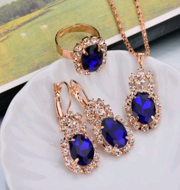 Europe And The United States Personalized Water Drop Color Diamond Necklace, Earrings, Rings Set, Shiny High-end Bridal Jewelry Wholesale - 𝓢𝓱𝓸𝓹𝓵𝓮𝓬𝔂