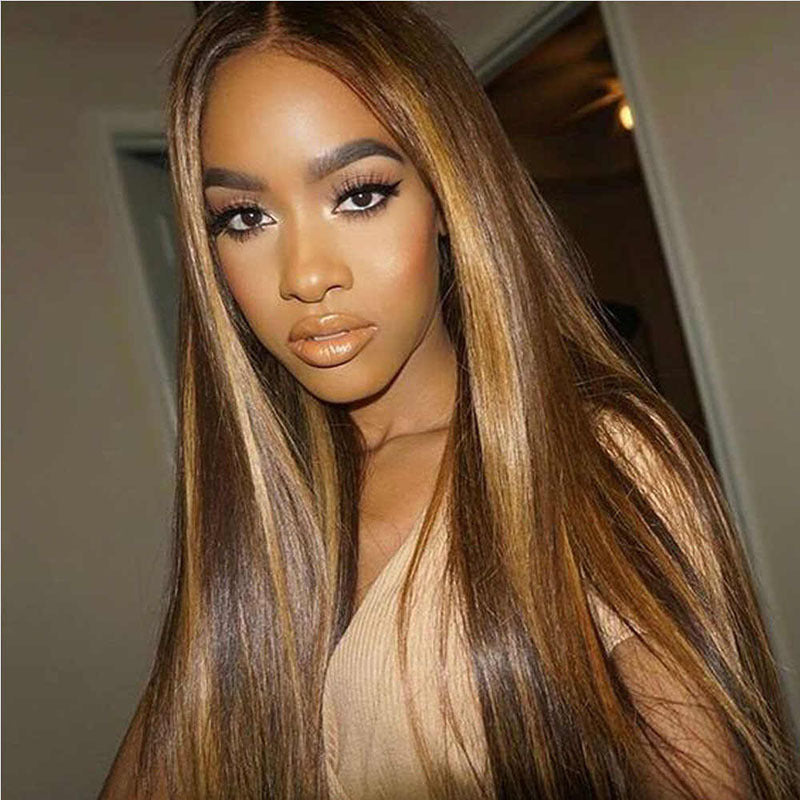 Mid-length straight hair brown pick golden long hair synthetic headgear - 𝓢𝓱𝓸𝓹𝓵𝓮𝓬𝔂