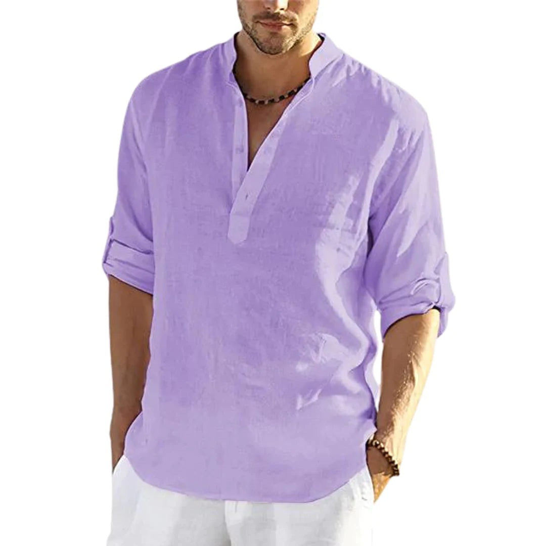 Men's Casual Cotton Linen Solid Color Long Sleeve Shirt Loose Stand Collar - 𝓢𝓱𝓸𝓹𝓵𝓮𝓬𝔂