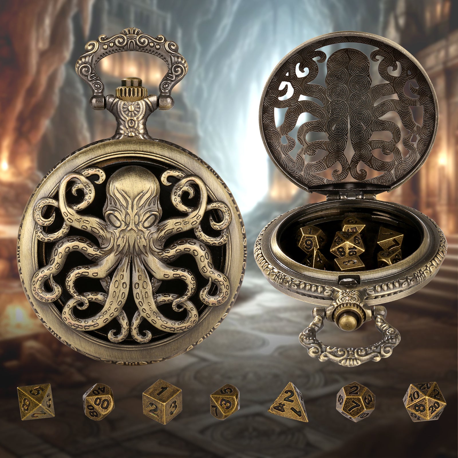 Thick Chain Octopus Symmetrical Pocket Watch Set And Mini DND Dice Set, Equipped With 7 Game Polyhedral Metal Dice Dragons And Dungeon Tabletop Role-playing Game Dice - 𝓢𝓱𝓸𝓹𝓵𝓮𝓬𝔂
