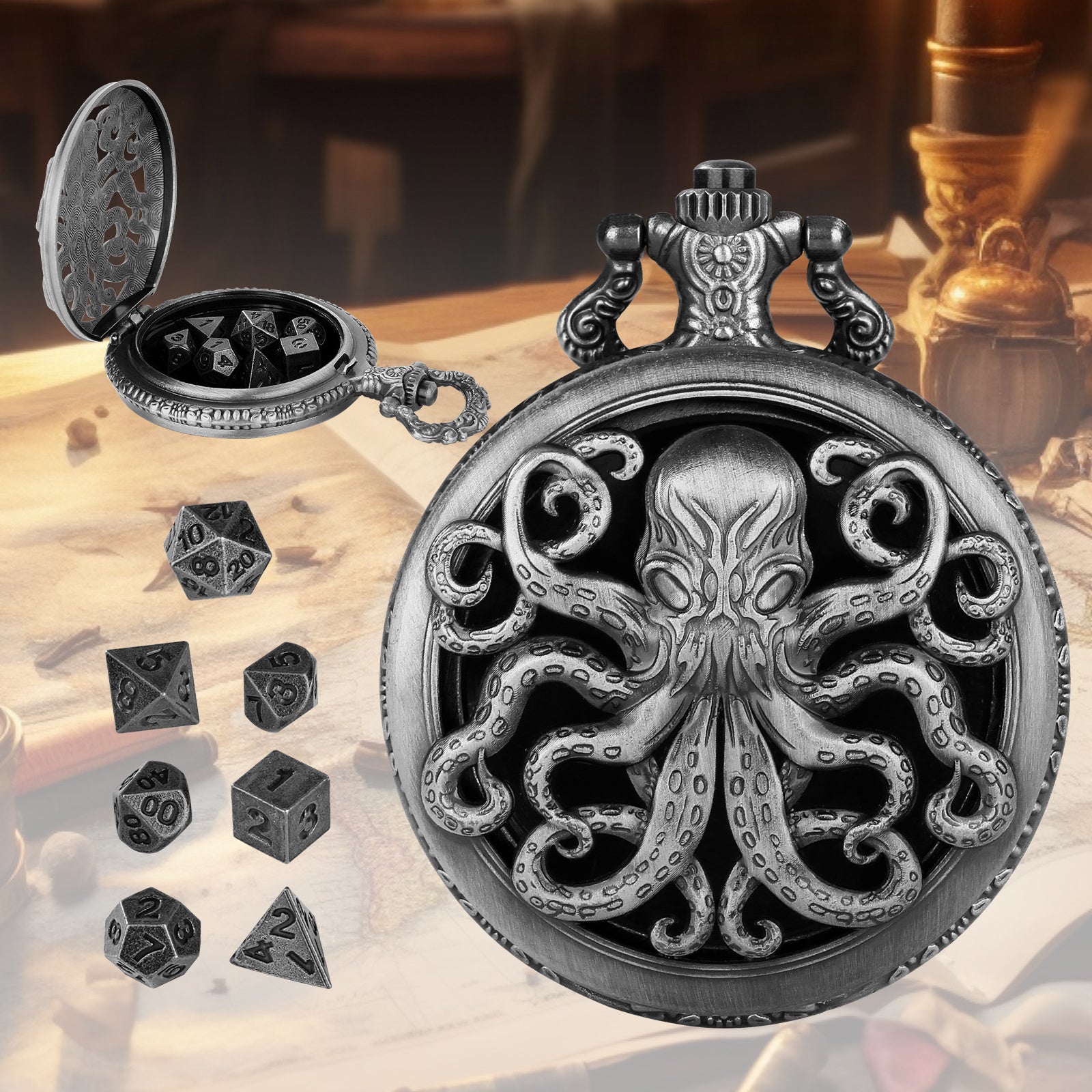 Thick Chain Octopus Symmetrical Pocket Watch Set And Mini DND Dice Set, Equipped With 7 Game Polyhedral Metal Dice Dragons And Dungeon Tabletop Role-playing Game Dice - 𝓢𝓱𝓸𝓹𝓵𝓮𝓬𝔂