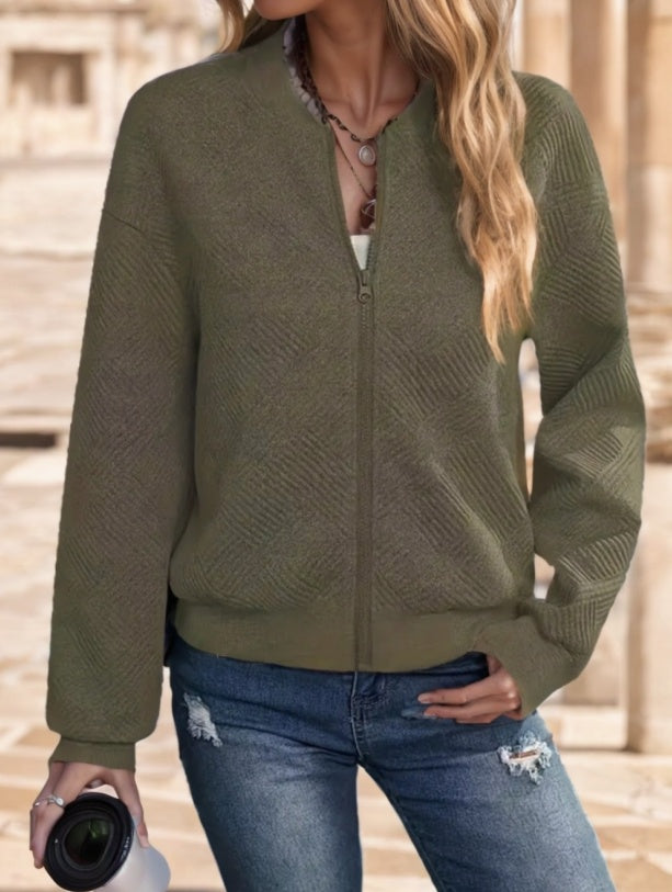 Women's Casual Solid Green Zip-Up Jacket - 𝓢𝓱𝓸𝓹𝓵𝓮𝓬𝔂