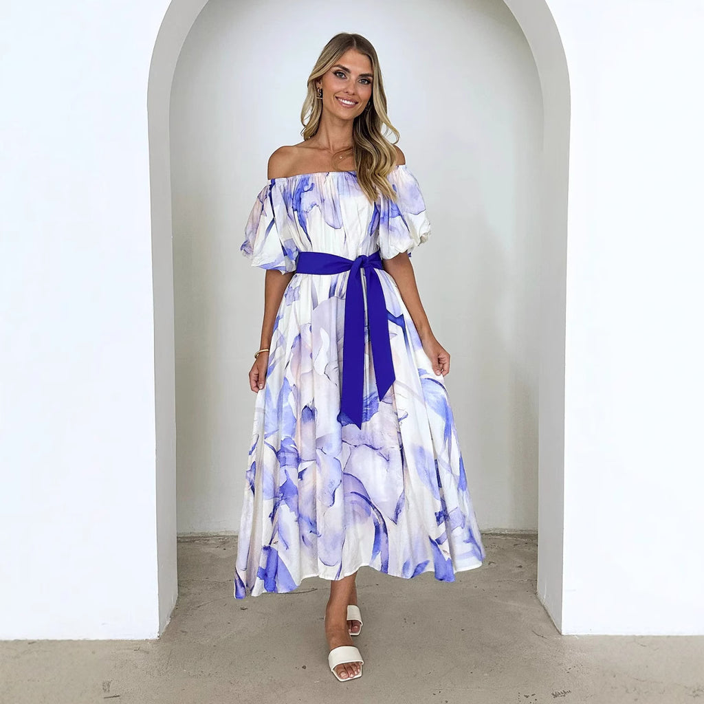 European American Summer New Temperament Shoulder Waist Puff Sleeve Printed Large Swing Dress - 𝓢𝓱𝓸𝓹𝓵𝓮𝓬𝔂