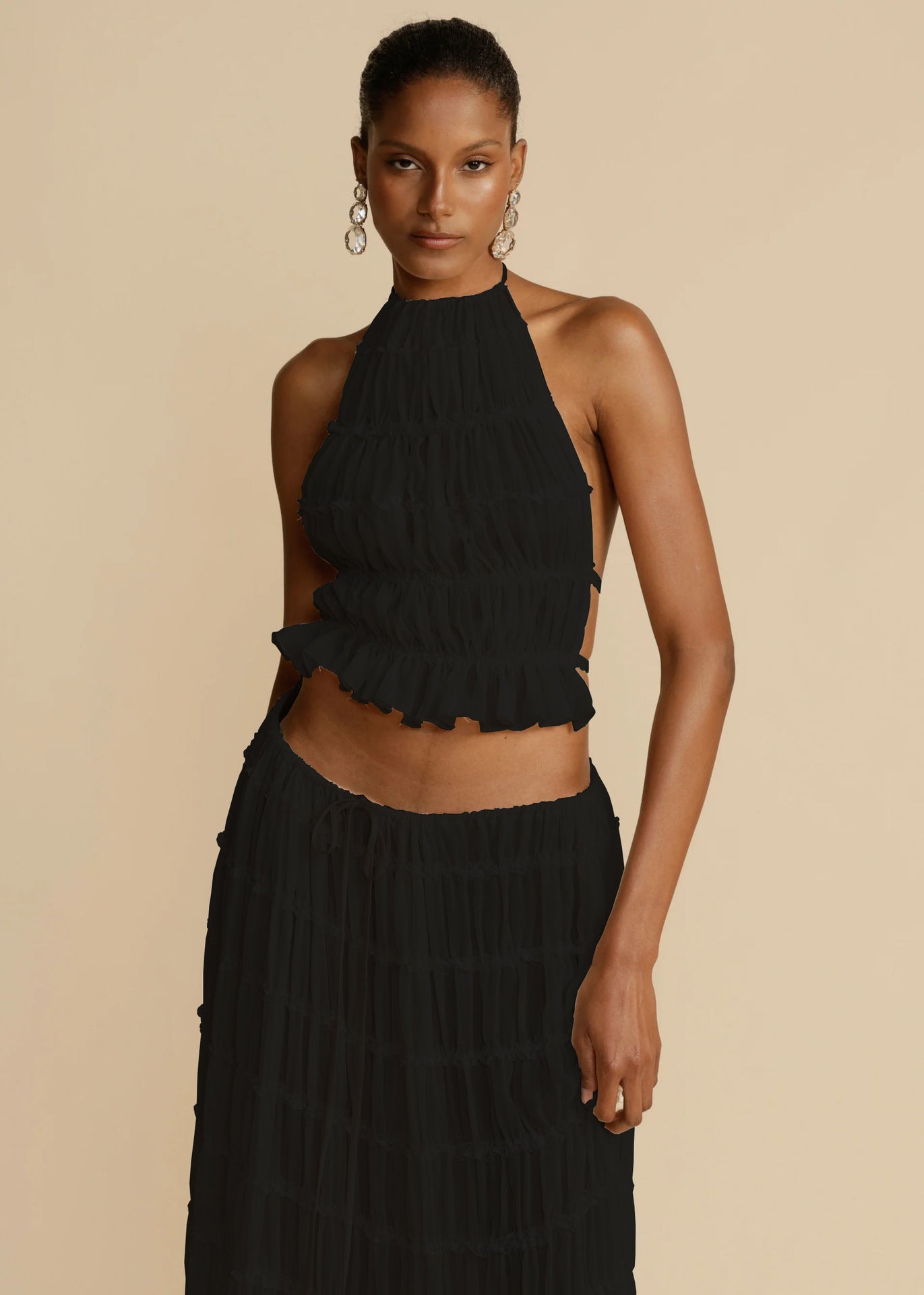 2pcs Women's Dress Suit Sexy Sleeveless Backless Cropped Halter Top And Pleated Long Skirt Beach Clothing - 𝓢𝓱𝓸𝓹𝓵𝓮𝓬𝔂