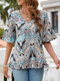 V-neck Printed T-shirt Casual Bell Sleeve Top - 𝓢𝓱𝓸𝓹𝓵𝓮𝓬𝔂