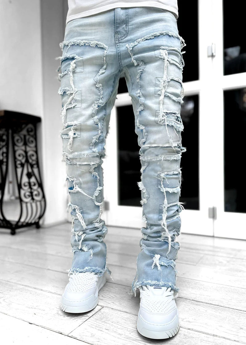 Men Trousers Individual Patched Pants Long Tight Fit Stacked Jeans For Mens Clothing - 𝓢𝓱𝓸𝓹𝓵𝓮𝓬𝔂