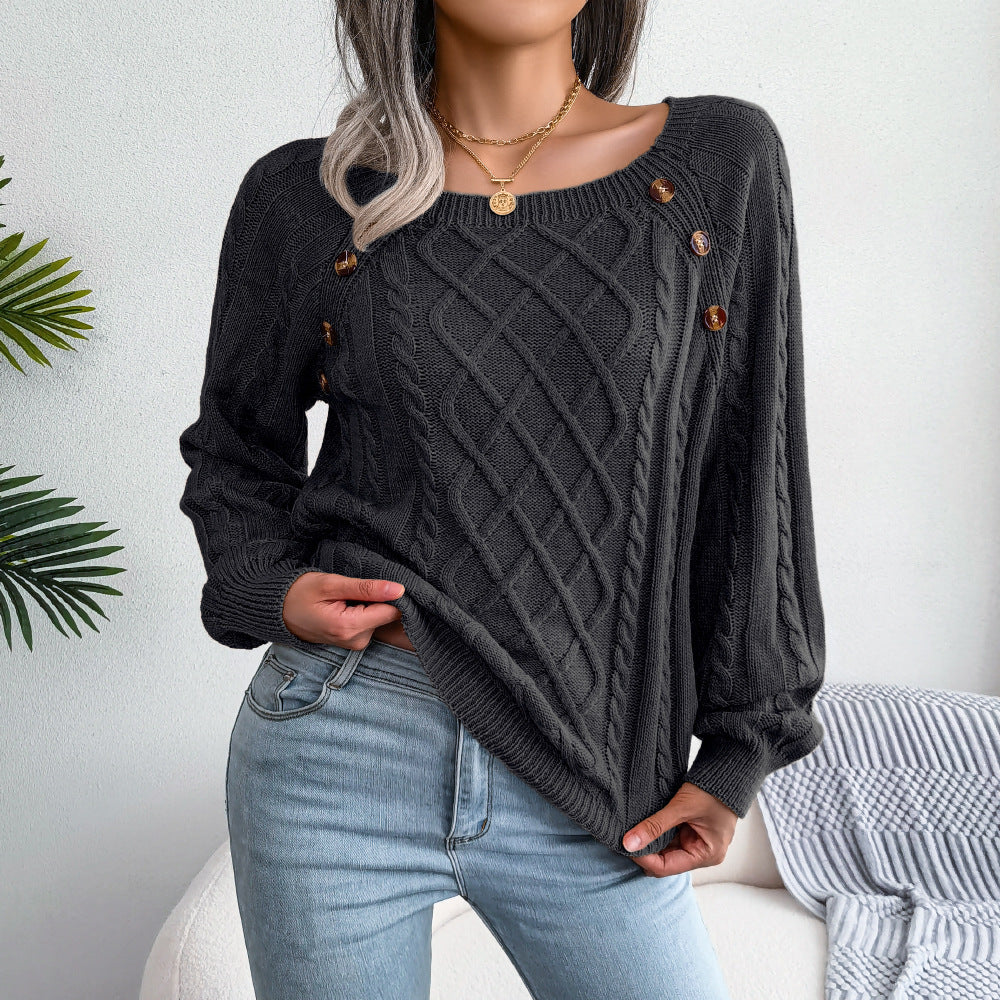 Square Neck Knitted Sweater With Button Design Winter Warm Long Sleeve Tops Women's Clothing - 𝓢𝓱𝓸𝓹𝓵𝓮𝓬𝔂