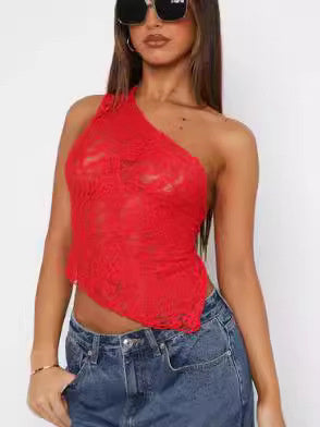 Ins Lace Backless Top Summer Solid Color Waistless Asymmetrical Sloped Neck Vest Streetwear Womens Clothes - 𝓢𝓱𝓸𝓹𝓵𝓮𝓬𝔂
