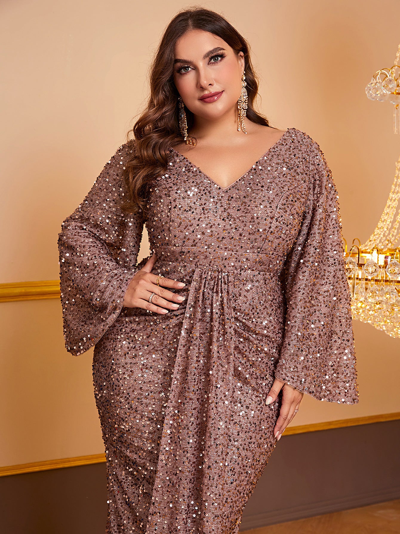 Women's Sequin Long Sleeved V-neck Pleated Dress - 𝓢𝓱𝓸𝓹𝓵𝓮𝓬𝔂