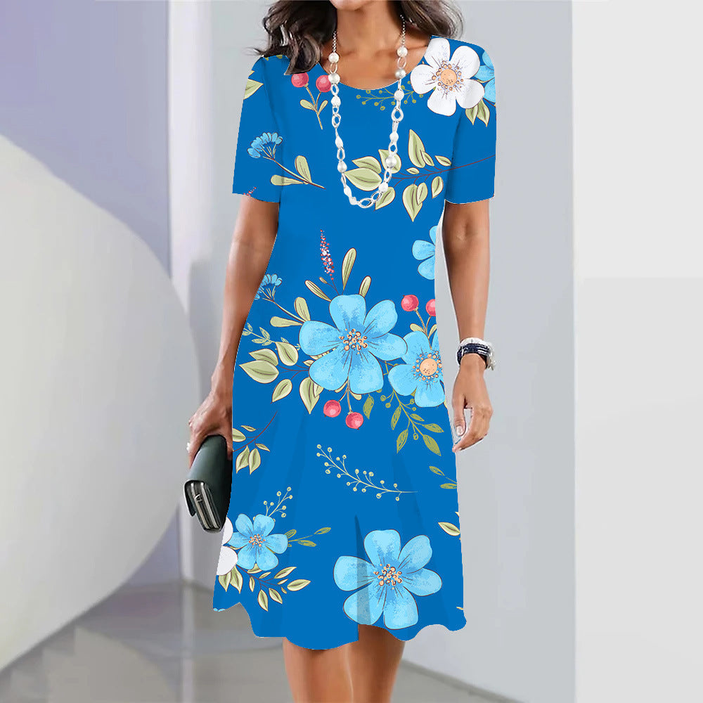 3d Floral Blue Printed Round Neck Fashion Party Dress - 𝓢𝓱𝓸𝓹𝓵𝓮𝓬𝔂