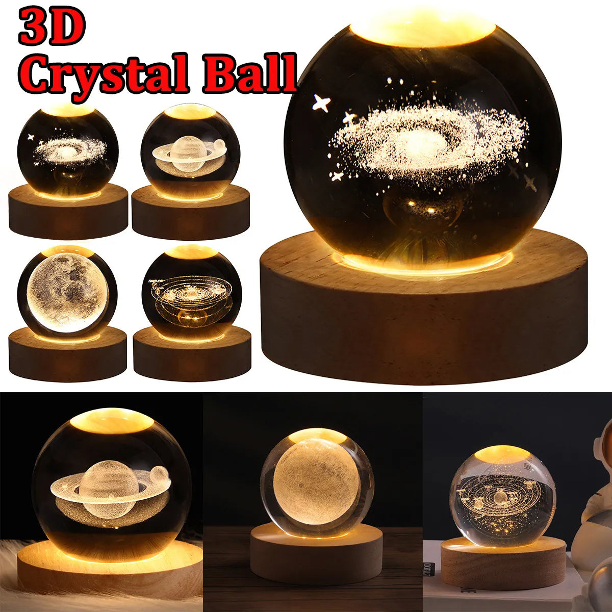 LED Night Light Galaxy Crystal Ball Table Lamp 3D Planet Moon Lamp Bedroom Home Decor For Kids Party Children Birthday Gifts - 𝓢𝓱𝓸𝓹𝓵𝓮𝓬𝔂