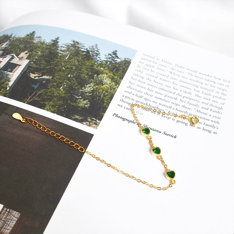 French Retro S925 Sterling Silver Three Lovely Emerald Gemstone Bracelet - 𝓢𝓱𝓸𝓹𝓵𝓮𝓬𝔂