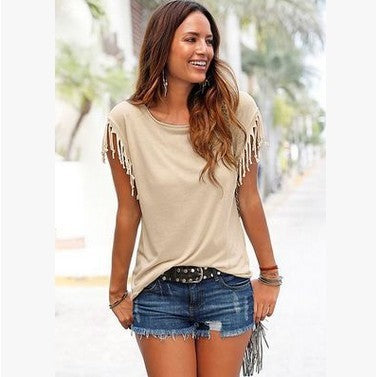 Wish quick sale eBay ladies Europe and America big size round neck short sleeve cuffs tassel T-shirt cotton tops - 𝓢𝓱𝓸𝓹𝓵𝓮𝓬𝔂