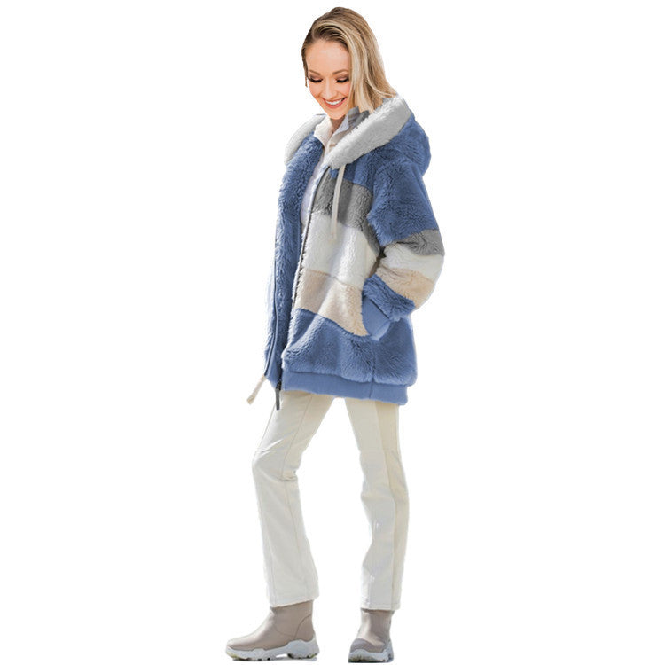 Women's Loose Plush Multicolor Hooded Jacket - 𝓢𝓱𝓸𝓹𝓵𝓮𝓬𝔂