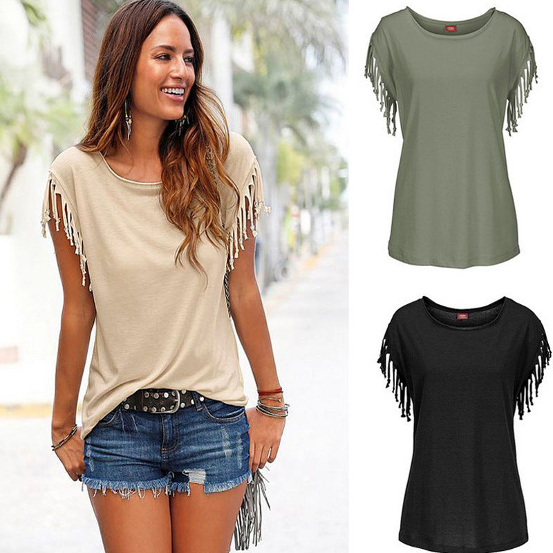 Wish quick sale eBay ladies Europe and America big size round neck short sleeve cuffs tassel T-shirt cotton tops - 𝓢𝓱𝓸𝓹𝓵𝓮𝓬𝔂
