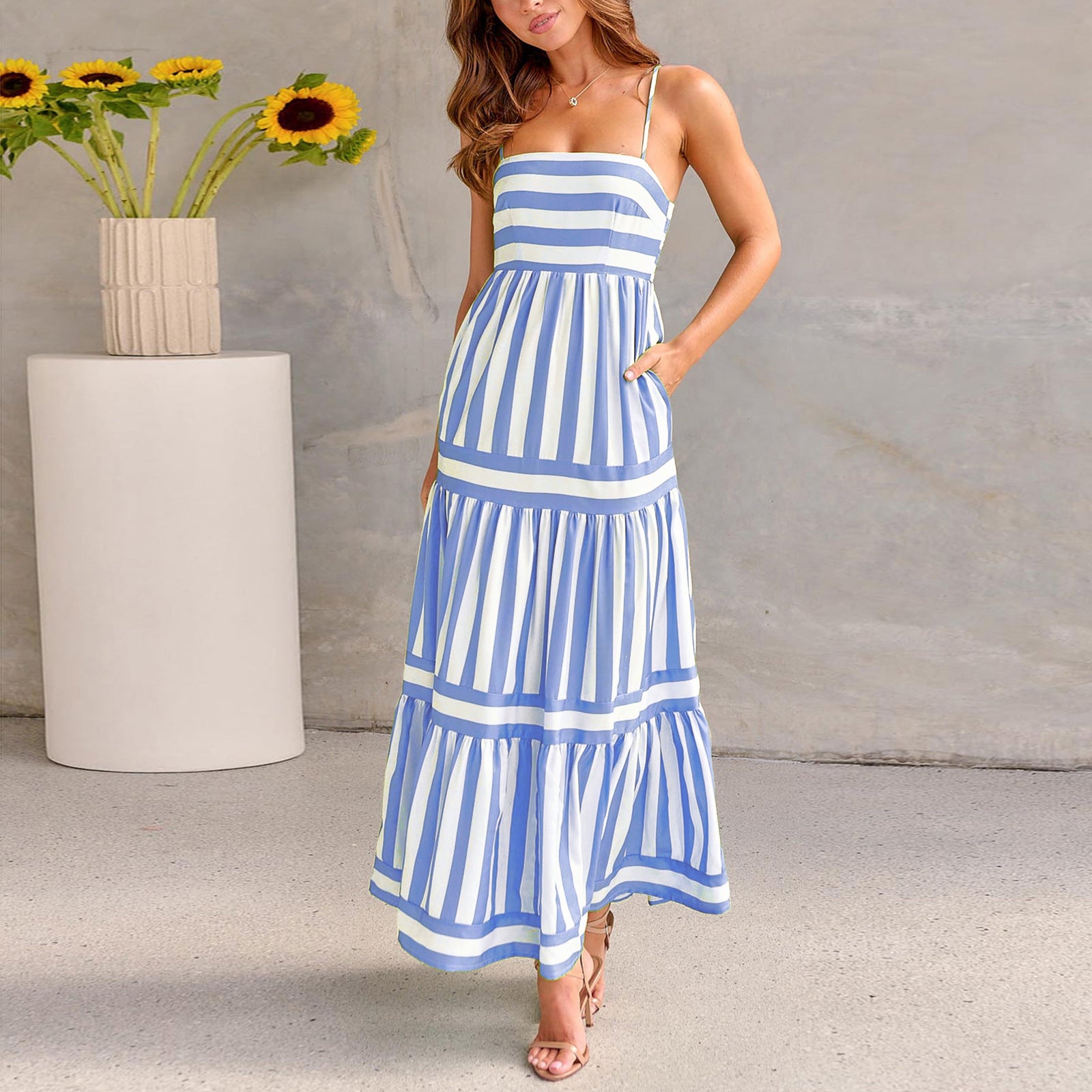 Summer Striped Printed Suspender Long Dress With Pockets Fashion Square Neck Backless Dresses For Beach Vacation Women Clothing - 𝓢𝓱𝓸𝓹𝓵𝓮𝓬𝔂
