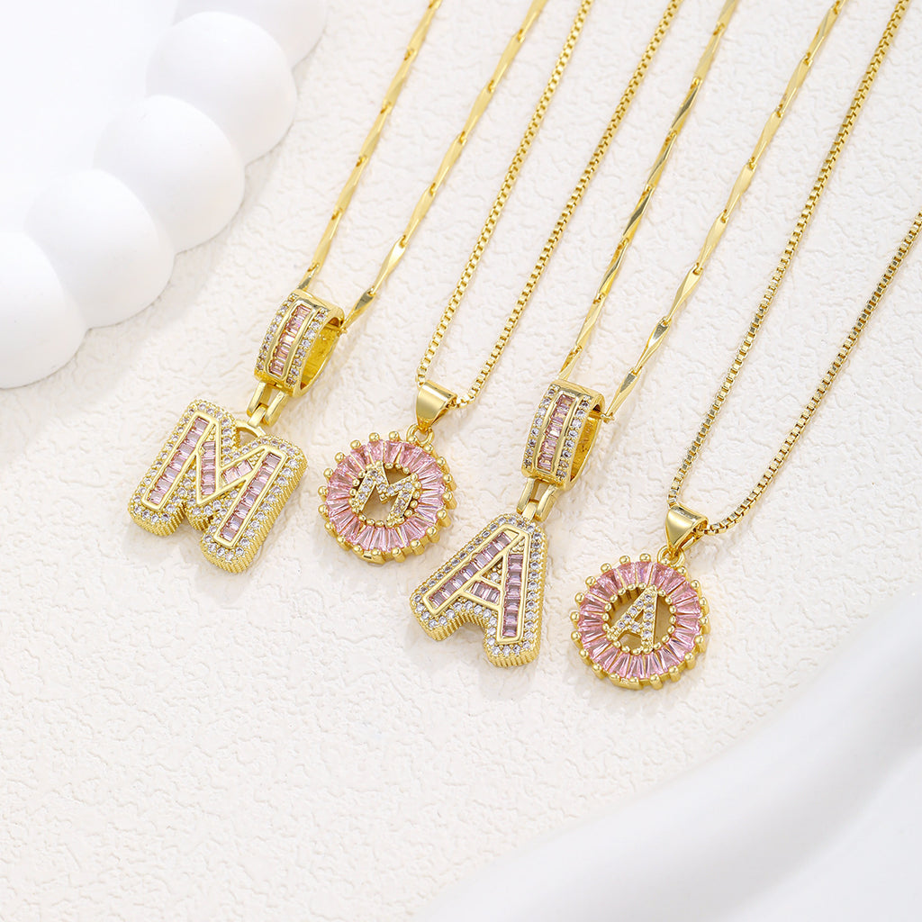 26 Letter Pendant Necklace Copper Inlaid Zirconium Plated Real Gold