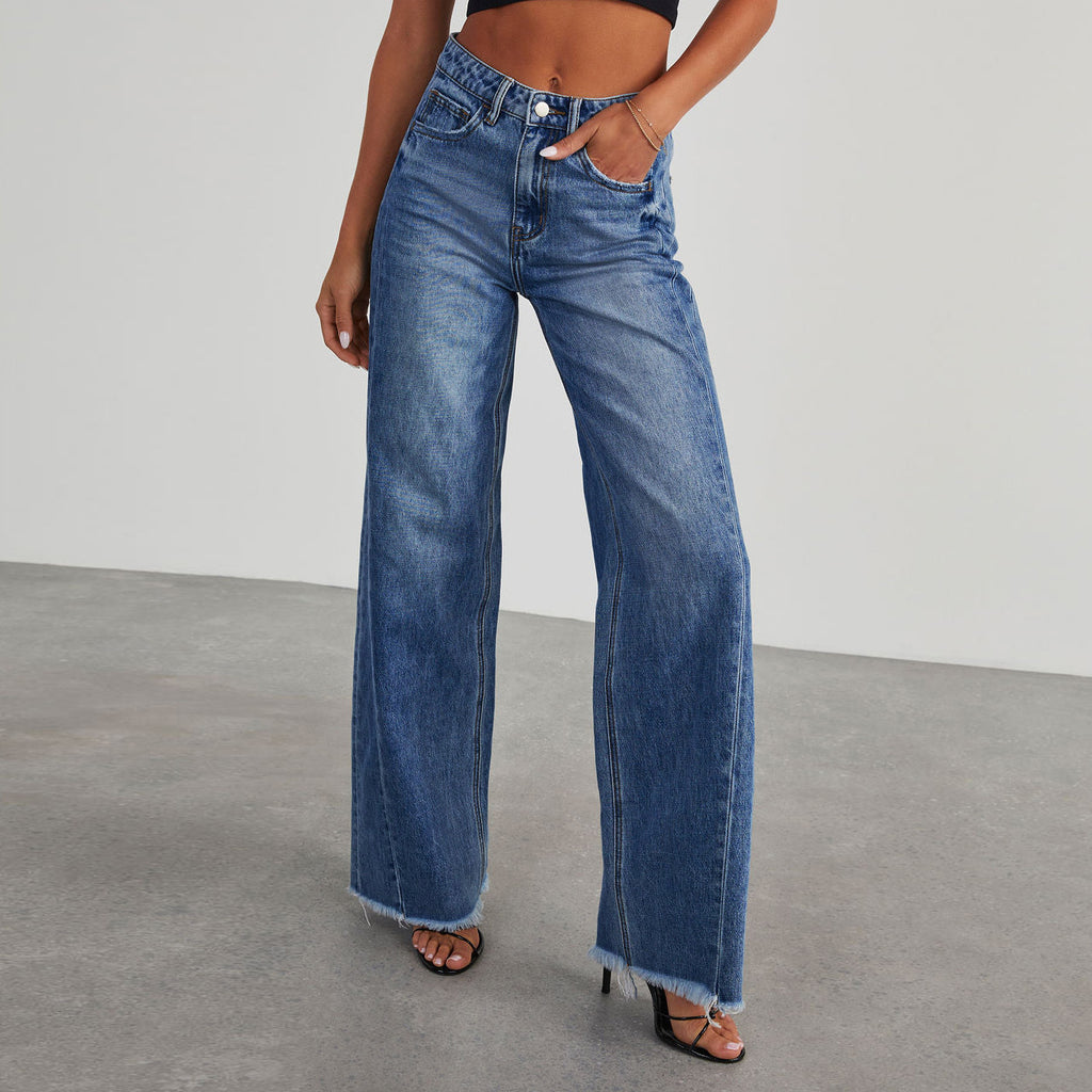 Fashion High Waist Jeans With Pockets Comfortable Slim Fit Straight Wide-leg Pants Womens Clothing - 𝓢𝓱𝓸𝓹𝓵𝓮𝓬𝔂