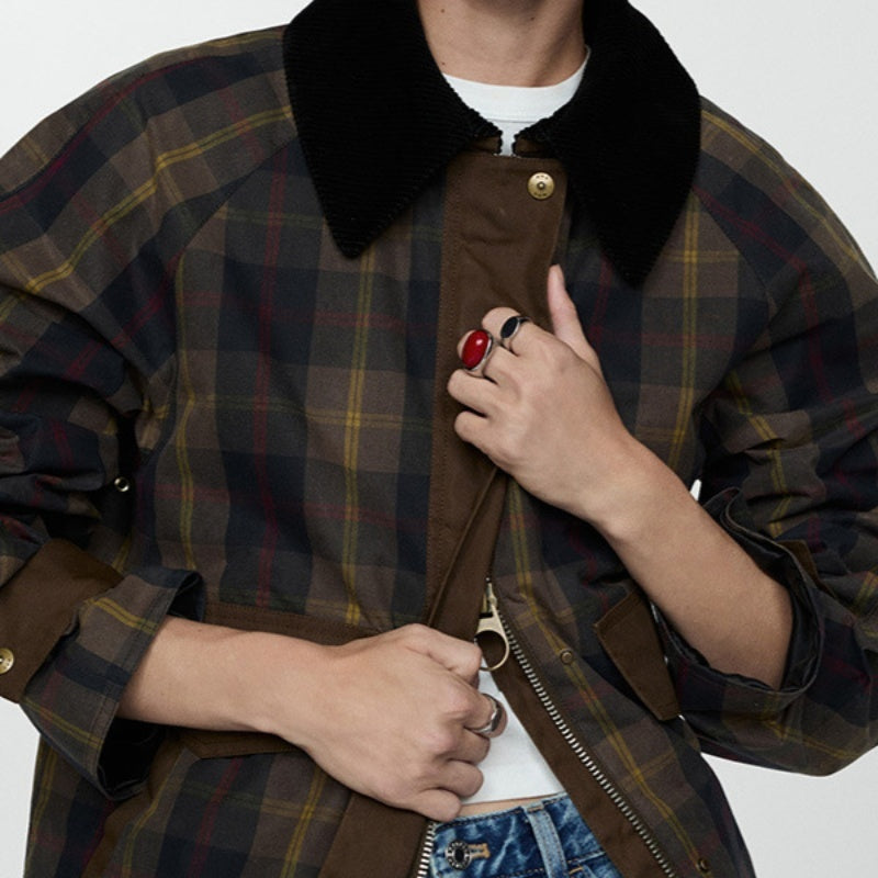 Autumn And Winter Plaid Fur Collar Cotton-padded Coat