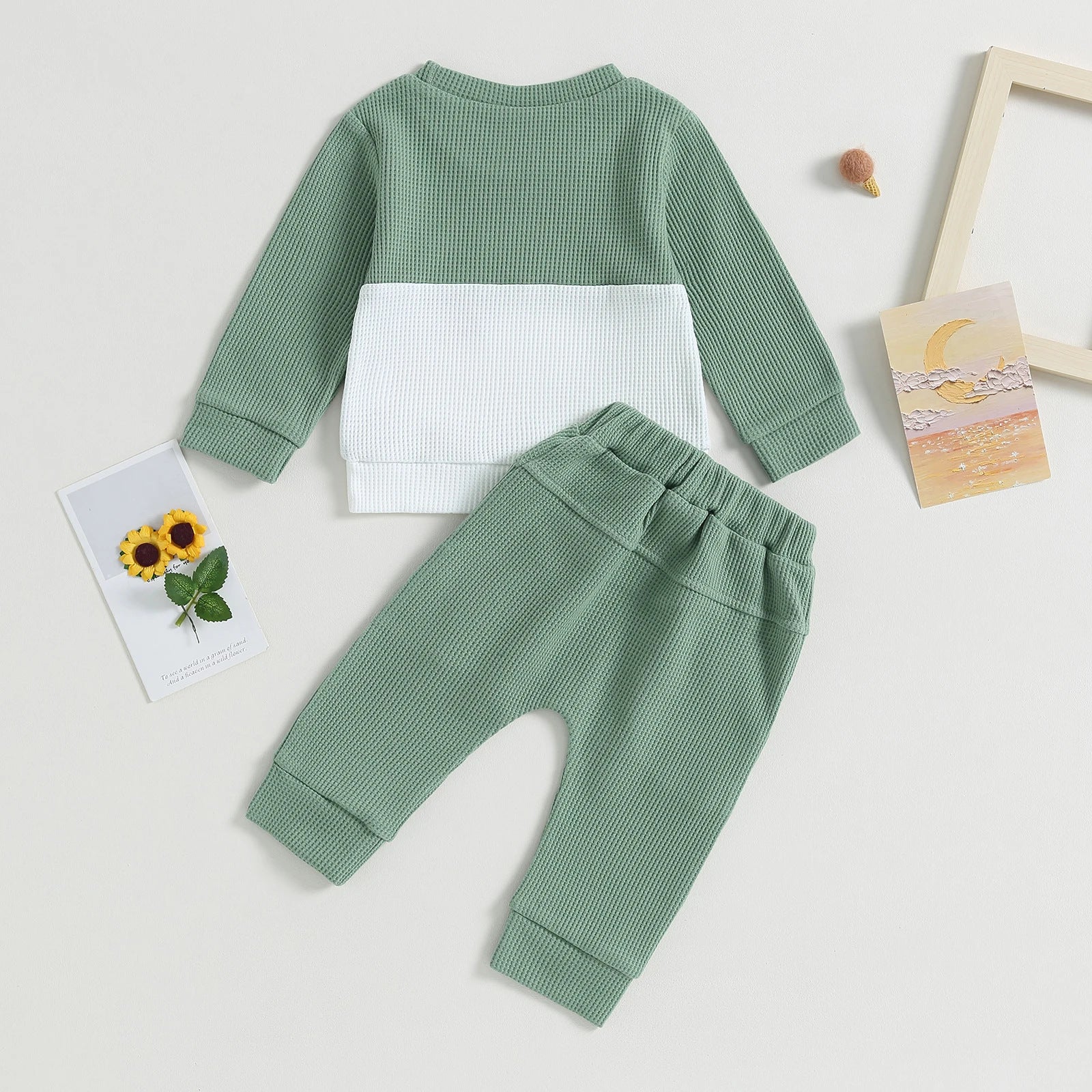 Color Matching Pocket Waffle Sweater Lace-up Sweatpants 2-Piece Children's Fashion Casual Wear Baby Suit - 𝓢𝓱𝓸𝓹𝓵𝓮𝓬𝔂