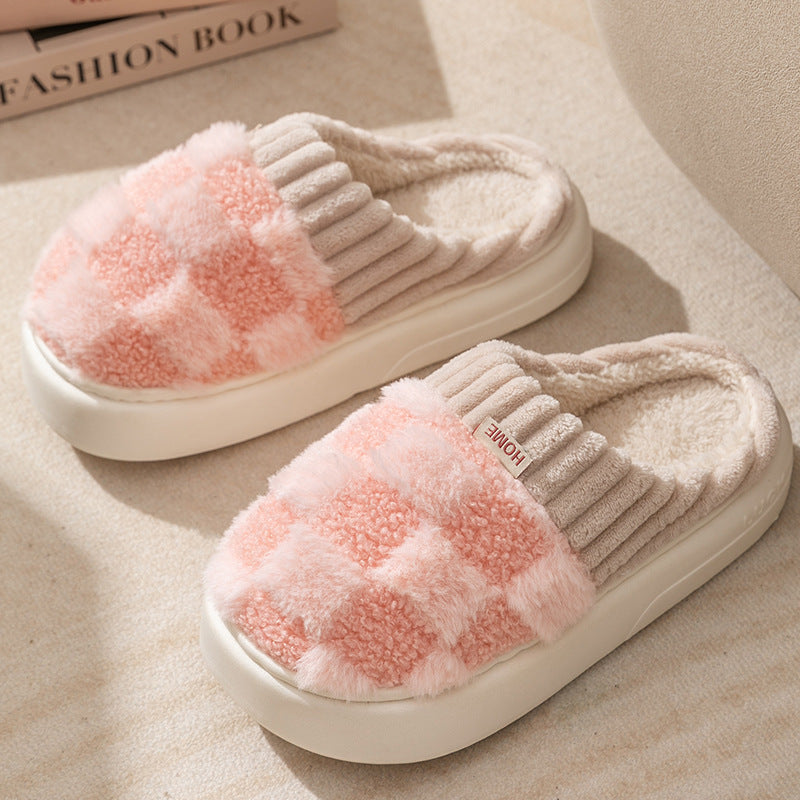 Plaid Plush Slippers Women's Indoor Plush Home Slippers Soft Sole Thick Non-Slip Warm House Shoes Couple Autumn And Winter - 𝓢𝓱𝓸𝓹𝓵𝓮𝓬𝔂