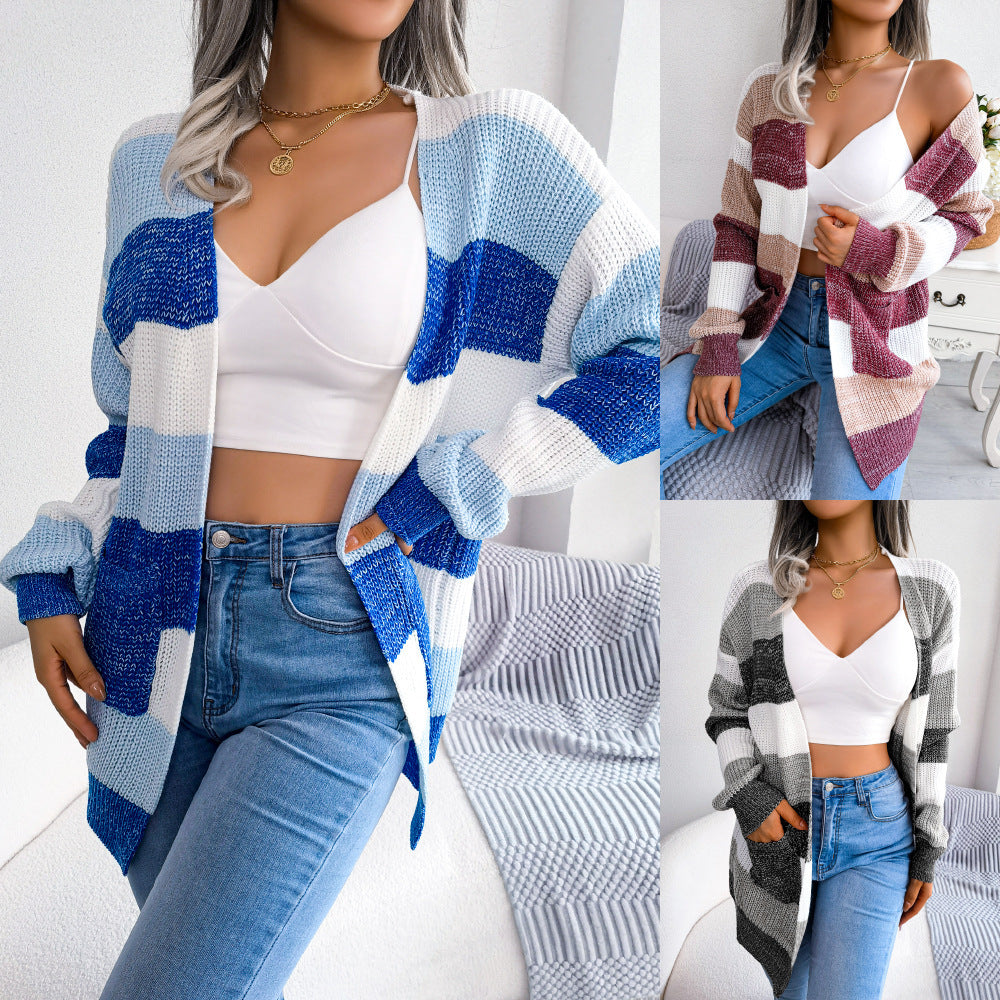 Plaid Sweater Women Casual Lantern Sleeves Cardigan Jacket Outerwear Clothes - 𝓢𝓱𝓸𝓹𝓵𝓮𝓬𝔂