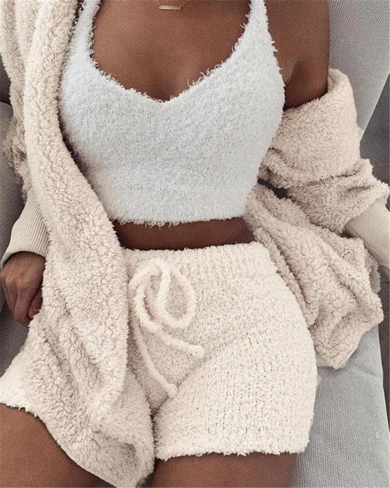 3pcs Womens Clothing Long Sleeve Crop Tank Top And Drawstring Shorts Pajama Set - 𝓢𝓱𝓸𝓹𝓵𝓮𝓬𝔂