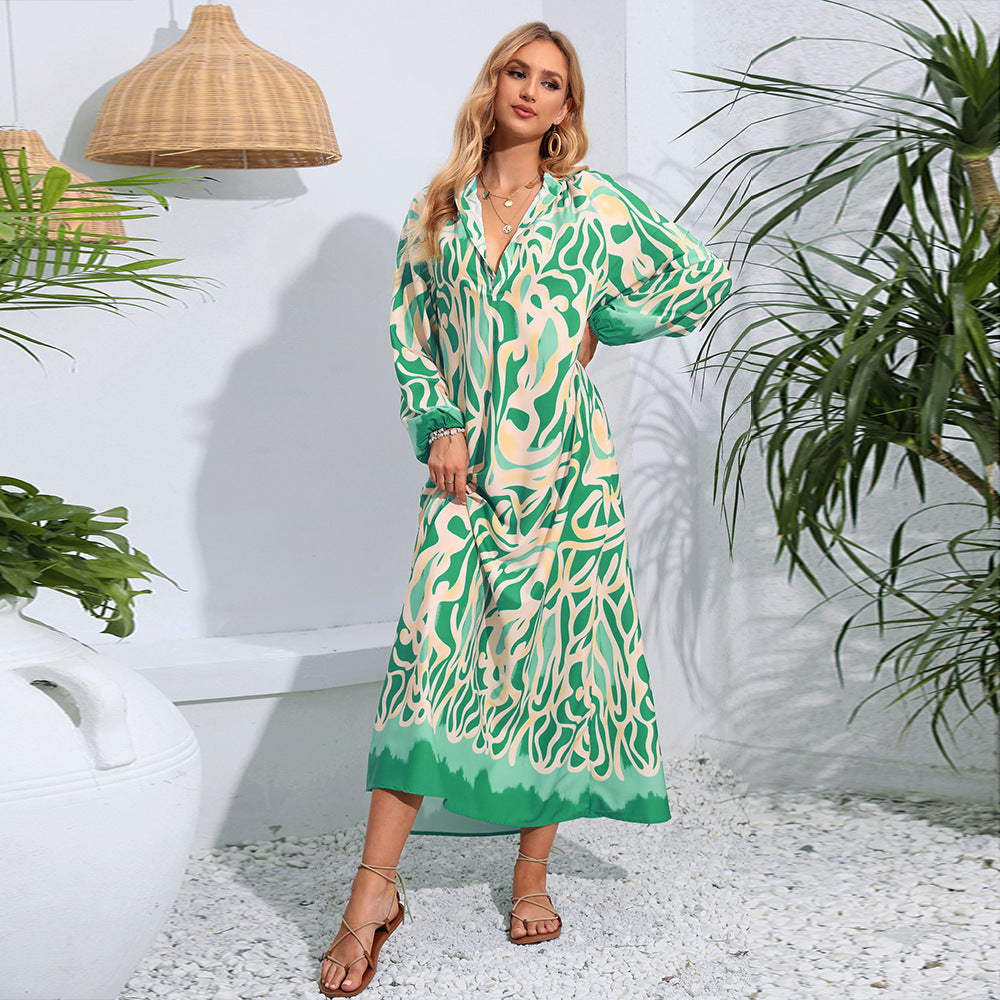 V-neck Abstract Printing Loose Long Style Long Sleeve Women's Dress - 𝓢𝓱𝓸𝓹𝓵𝓮𝓬𝔂