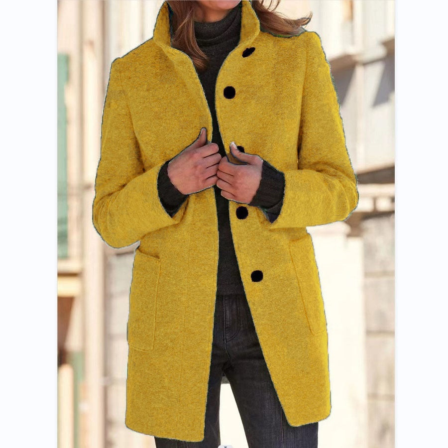 Fashion Stand Collar Woolen Coat With Pockets Fall Winter Casual Button Outwear For Women Clothing - 𝓢𝓱𝓸𝓹𝓵𝓮𝓬𝔂