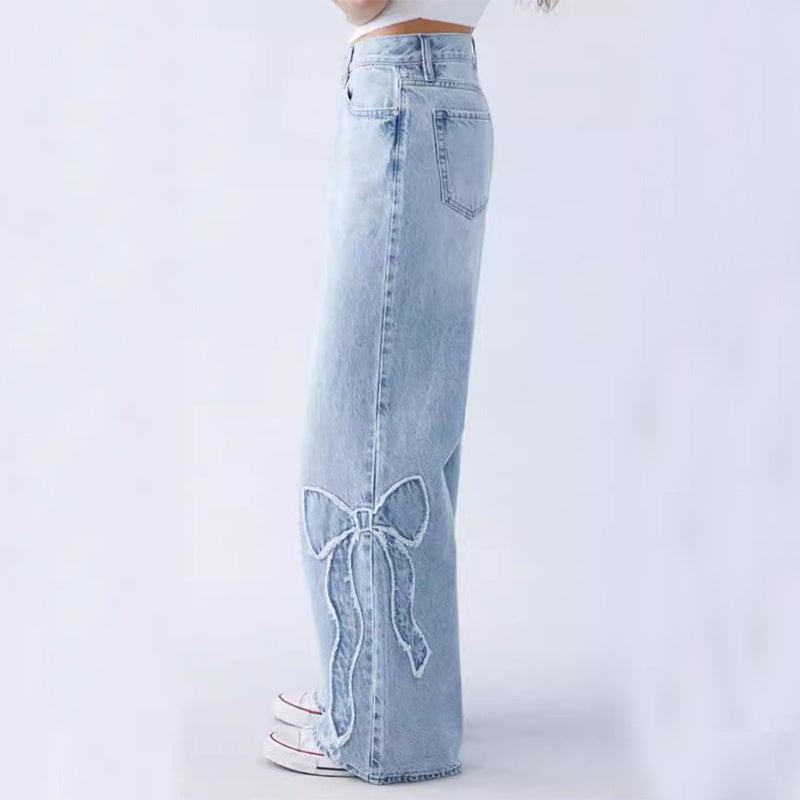 Women's Straight Trousers Embroidered Side Frayed Butterfly Jeans Street Design Hot Girl Baggy Pants - 𝓢𝓱𝓸𝓹𝓵𝓮𝓬𝔂
