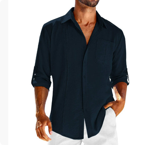 Casual  Long Sleeve Shirt With Pocket Lace Polo Collar Solid Color Button Mens Clothing - 𝓢𝓱𝓸𝓹𝓵𝓮𝓬𝔂