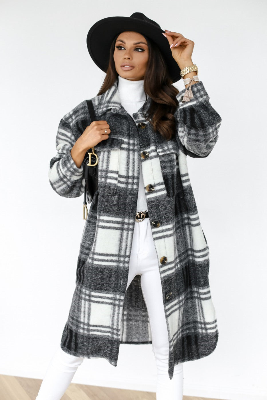 Button Lapel Casual Warm Plaid Long Woolen Coat - 𝓢𝓱𝓸𝓹𝓵𝓮𝓬𝔂