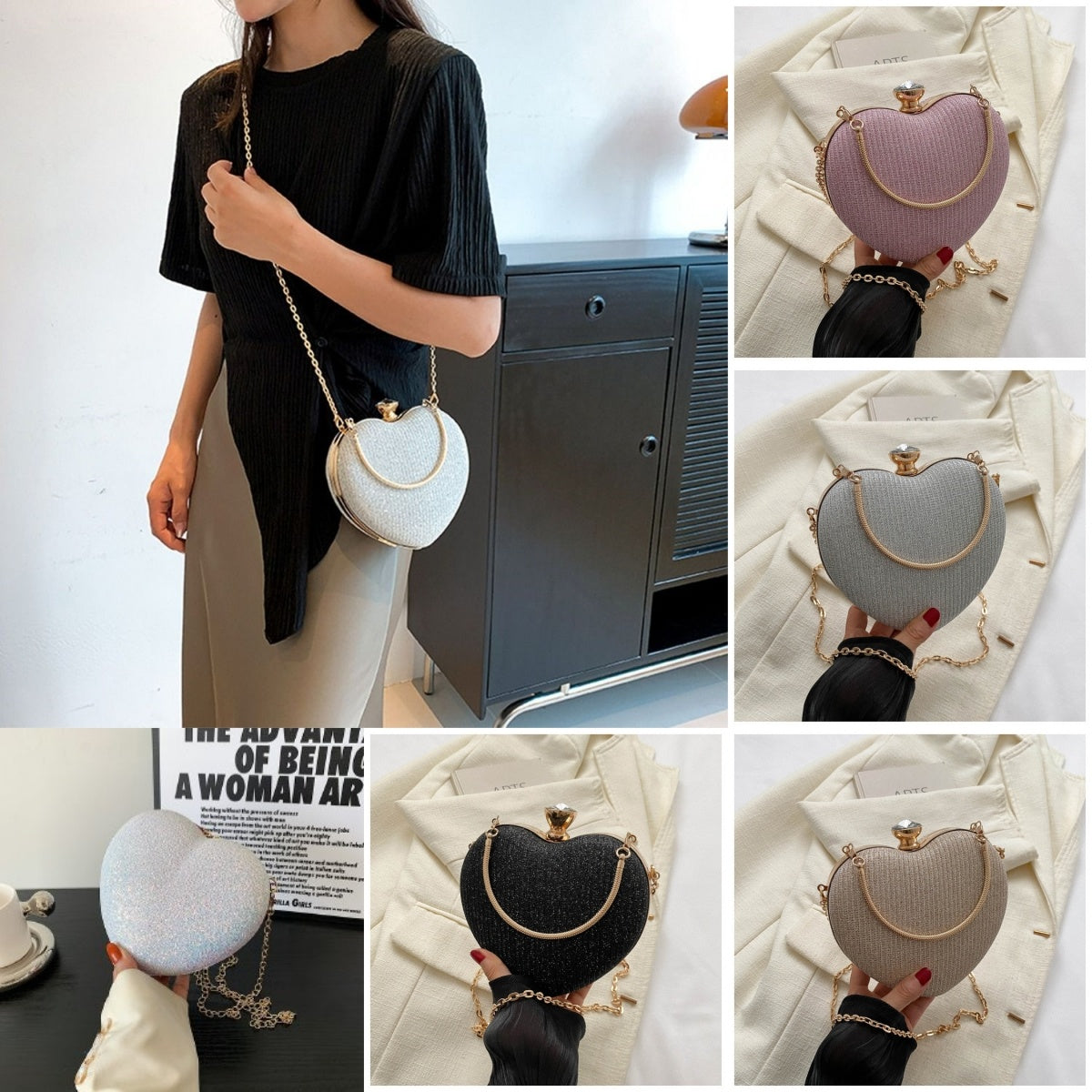 Evening Clutch Bag Women Bag Shiny Handbag Heart Shape Metal Clutches Bag Fashion Chain Shoulder Crossbody Bag Luxury Lady Purse Valentines Day Outfit - 𝓢𝓱𝓸𝓹𝓵𝓮𝓬𝔂