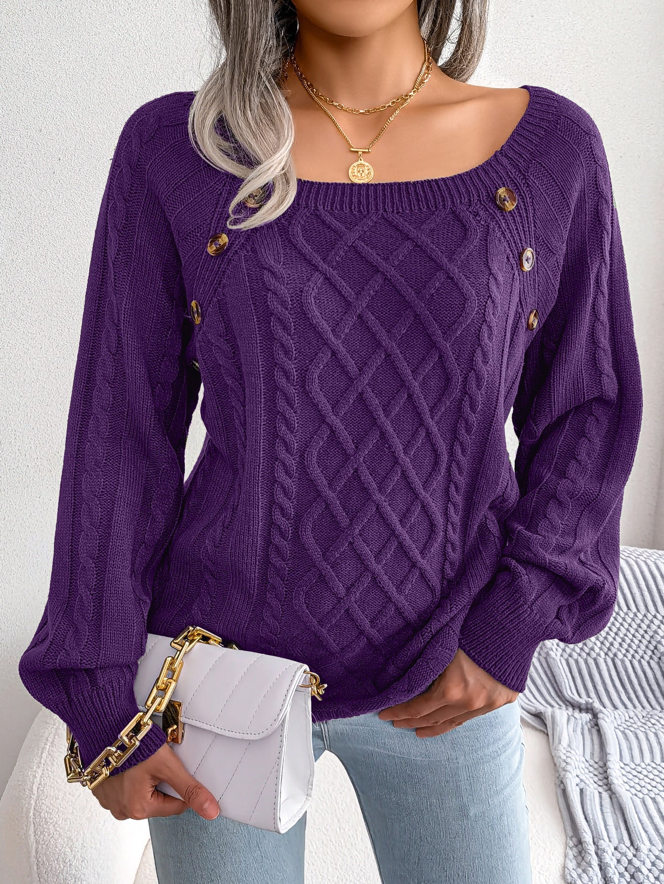 Square Neck Knitted Sweater With Button Design Winter Warm Long Sleeve Tops Women's Clothing - 𝓢𝓱𝓸𝓹𝓵𝓮𝓬𝔂