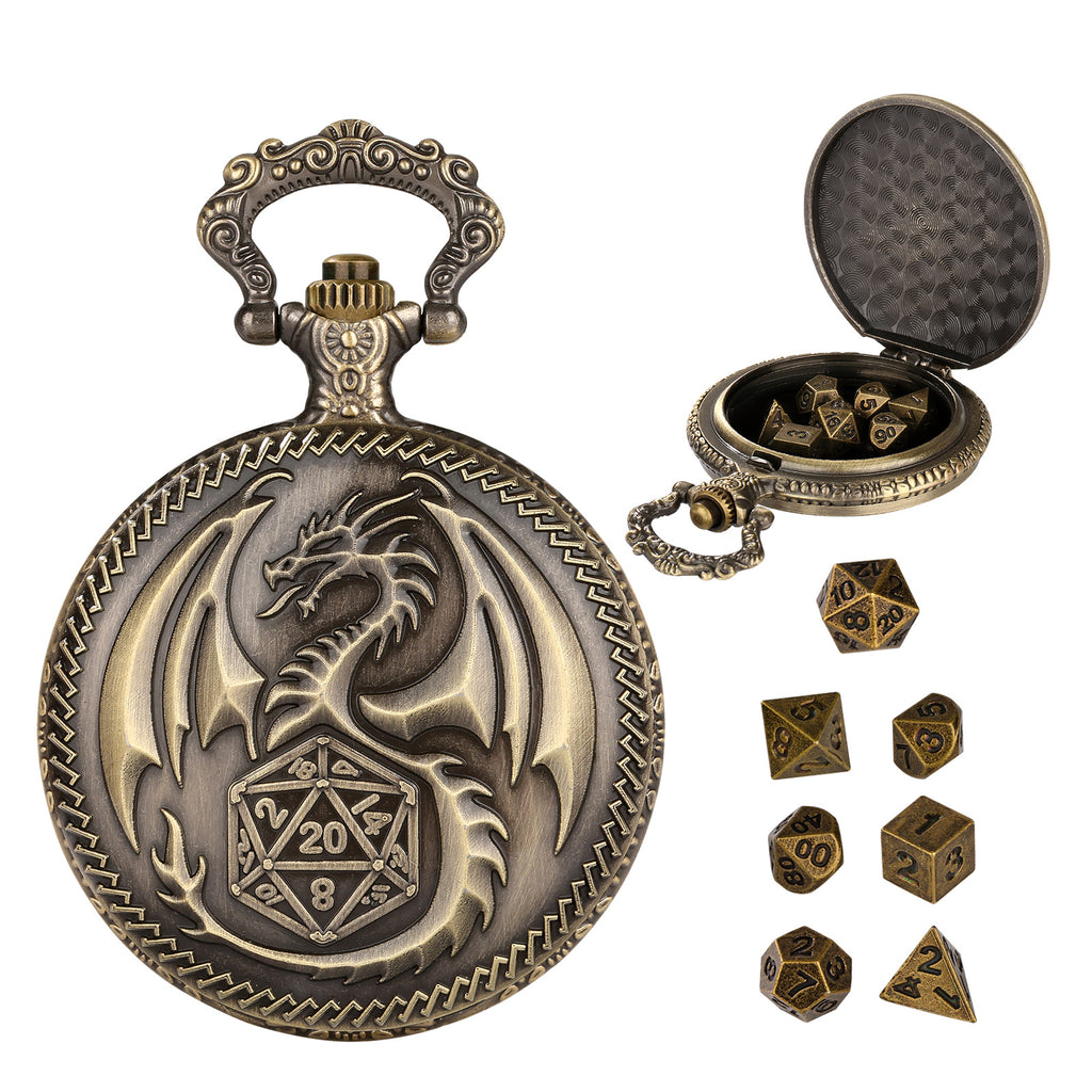 Dragon Pocket Watch Set With Thick Chain And Mini DND Dice Set Equipped With 7 Game Polyhedral Metal Dice Dragon And Dungeon Tabletop Role-playing Game Dice - 𝓢𝓱𝓸𝓹𝓵𝓮𝓬𝔂
