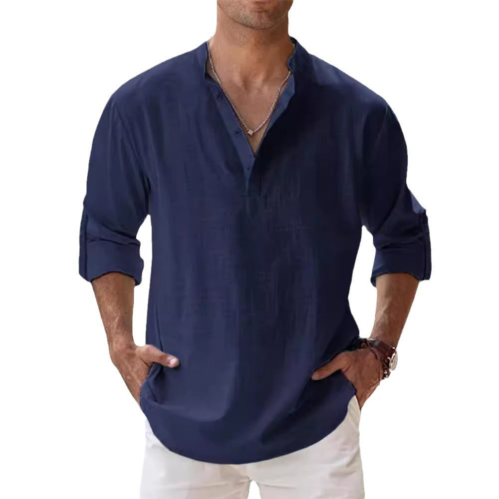 Men's Linen Stand-up Collar Long Sleeve T-shirt Loose Undershirt - 𝓢𝓱𝓸𝓹𝓵𝓮𝓬𝔂