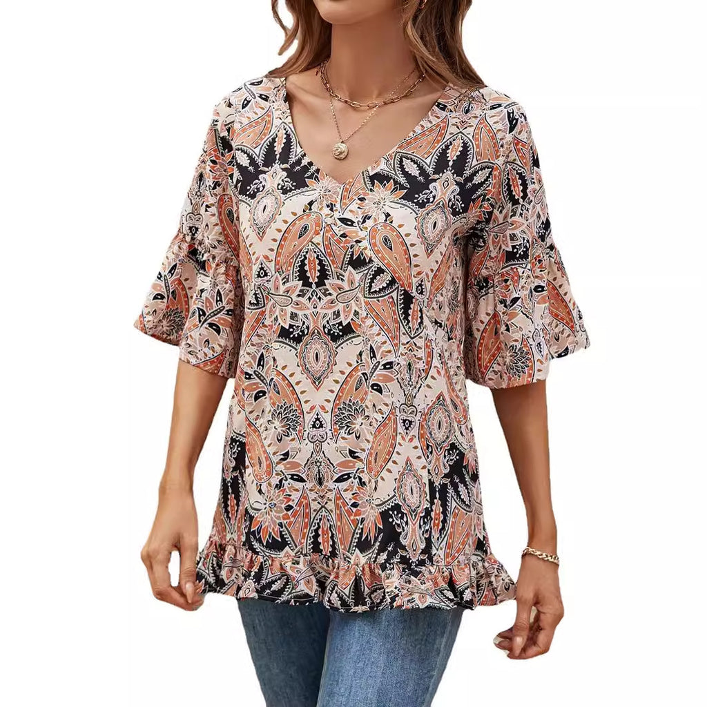 V-neck Printed T-shirt Casual Bell Sleeve Top - 𝓢𝓱𝓸𝓹𝓵𝓮𝓬𝔂