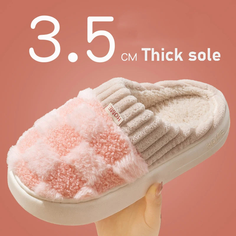Plaid Plush Slippers Women's Indoor Plush Home Slippers Soft Sole Thick Non-Slip Warm House Shoes Couple Autumn And Winter - 𝓢𝓱𝓸𝓹𝓵𝓮𝓬𝔂