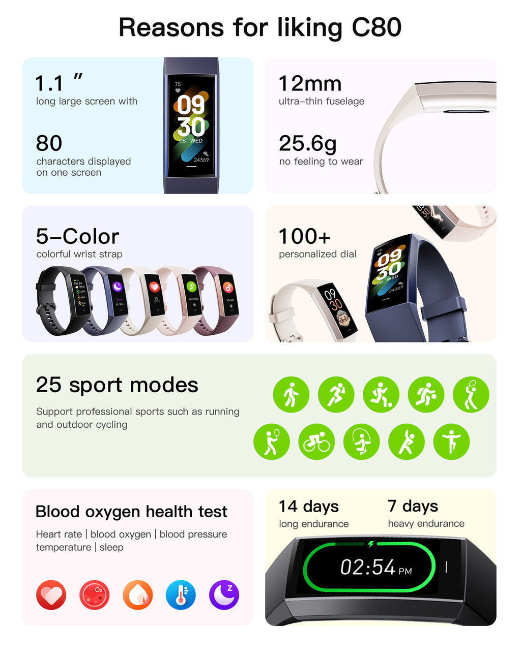 C80 Smart AMOLED Screen Power Heart Rate Blood Oxygen Monitoring Bracelet - 𝓢𝓱𝓸𝓹𝓵𝓮𝓬𝔂