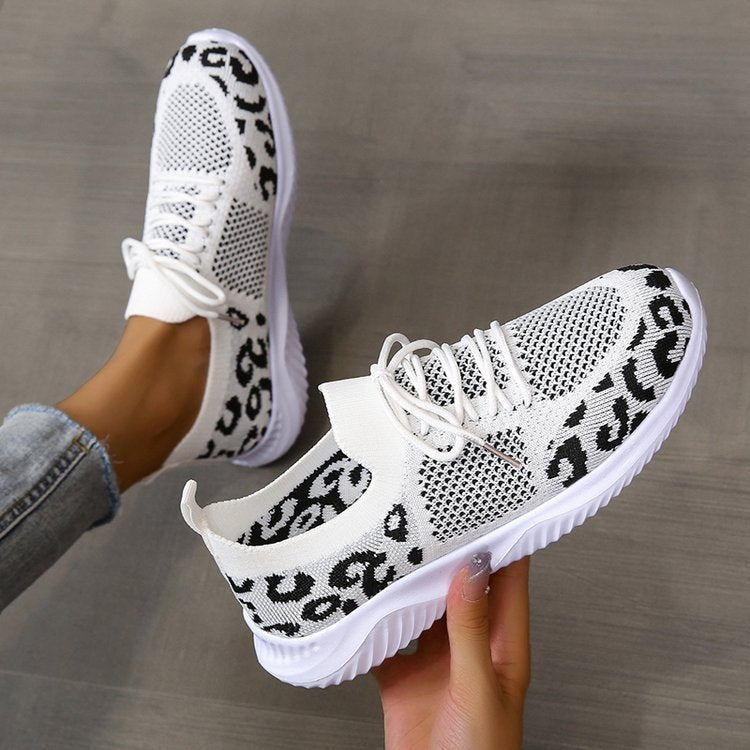 White Shoes Women Leopard Print Lace-up Sneakers Sports - 𝓢𝓱𝓸𝓹𝓵𝓮𝓬𝔂
