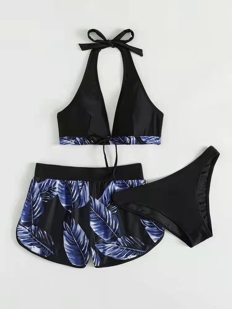 3pcs Leaf Print Bikini With Shorts Fashion Summer Beach Swimsuit Womens Clothing - 𝓢𝓱𝓸𝓹𝓵𝓮𝓬𝔂