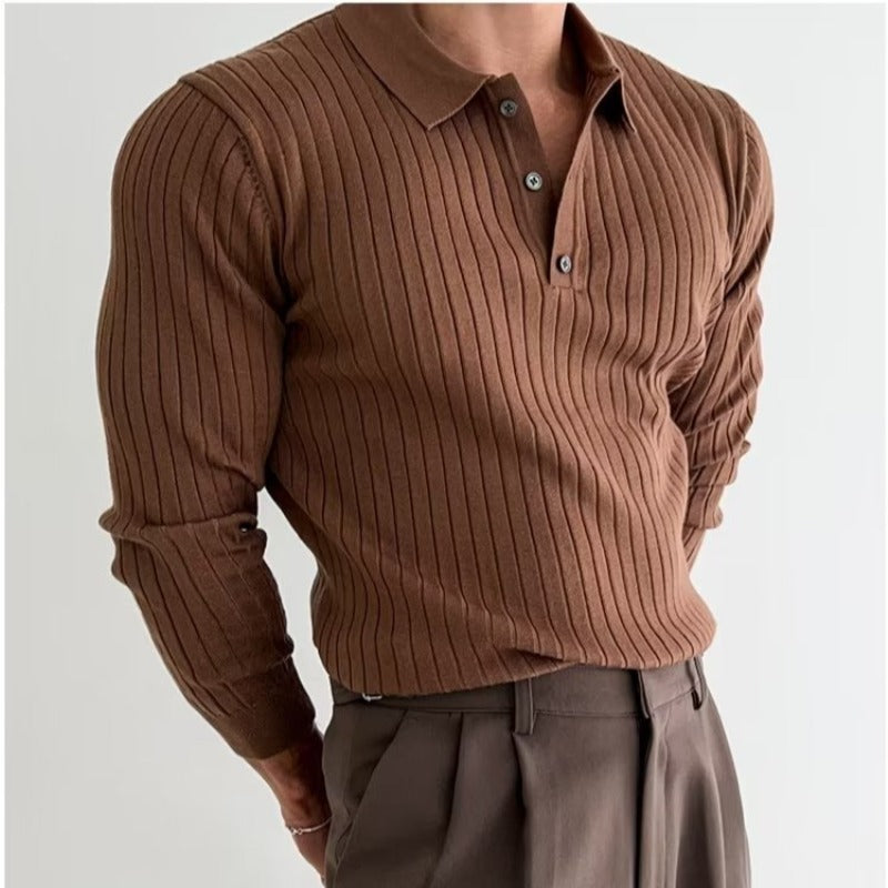 Lapel Button Long Sleeve Polo Shirt Slim Fashion Solid Striped Knitted Bottoming Shirt Top Men's Clothing - 𝓢𝓱𝓸𝓹𝓵𝓮𝓬𝔂
