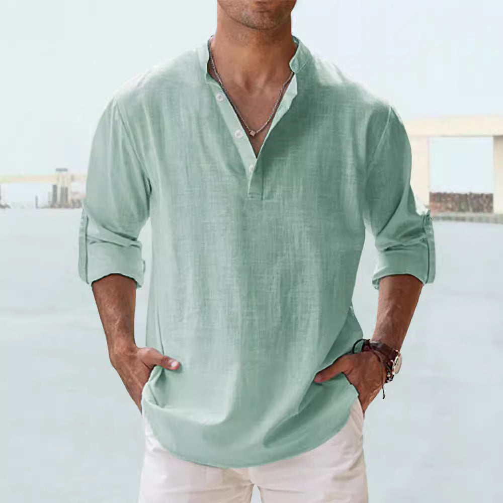 Men's Linen Stand-up Collar Long Sleeve T-shirt Loose Undershirt - 𝓢𝓱𝓸𝓹𝓵𝓮𝓬𝔂
