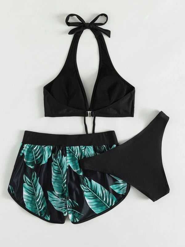 3pcs Leaf Print Bikini With Shorts Fashion Summer Beach Swimsuit Womens Clothing - 𝓢𝓱𝓸𝓹𝓵𝓮𝓬𝔂