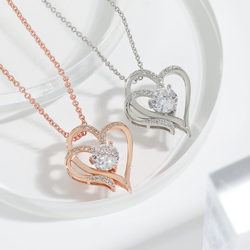 Zircon Double Love Necklace With Rhinestones Ins Personalized Heart-shaped Necklace Clavicle Chain Jewelry For Women Valentine's Day - 𝓢𝓱𝓸𝓹𝓵𝓮𝓬𝔂