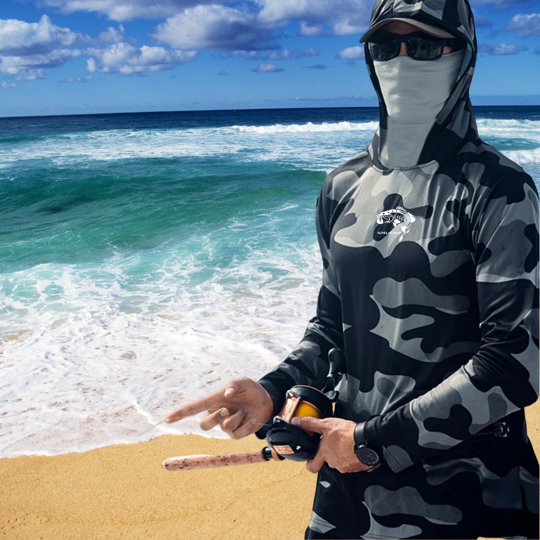 Fishing Hoodie Face Mask Neck Cover Sailing Shirt Summer Men Long Sleeve Sun Protection Hunting Jersey Camisa De Pesca Performance Fish Gear Beach Tops Wear Climbing Uniform