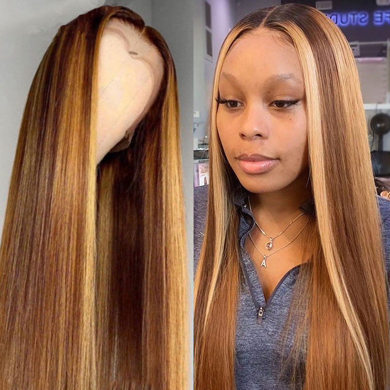 Mid-length straight hair brown pick golden long hair synthetic headgear - 𝓢𝓱𝓸𝓹𝓵𝓮𝓬𝔂