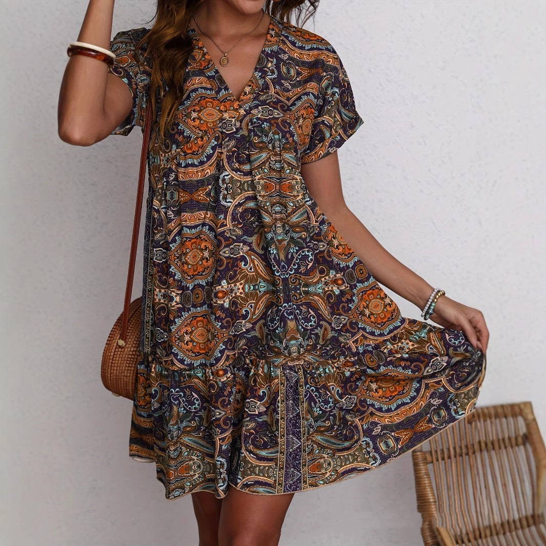 Women's Clothing Printed V-neck Leisure Vacation Style Dress - 𝓢𝓱𝓸𝓹𝓵𝓮𝓬𝔂